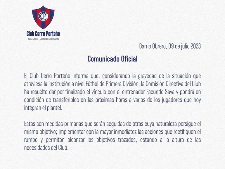 El comunicado de Cerro Porteño oficializando la salida de Facundo Sava.