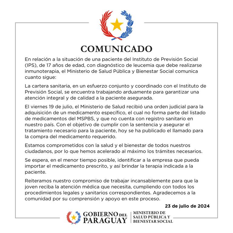 Comunicado del Ministerio de Salud.