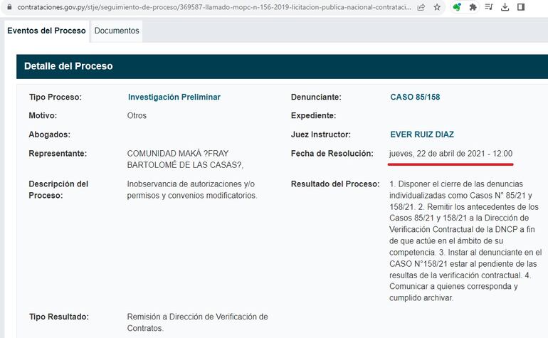 Captura de pantalla del portal de Contrataciones Pública en el cual se aprecian detalles del expediente de la comunidad  Maká. El caso se cerró el 22 de abril del 2021 y el dictamen del mismo no se encontraba disponible en este apartado.