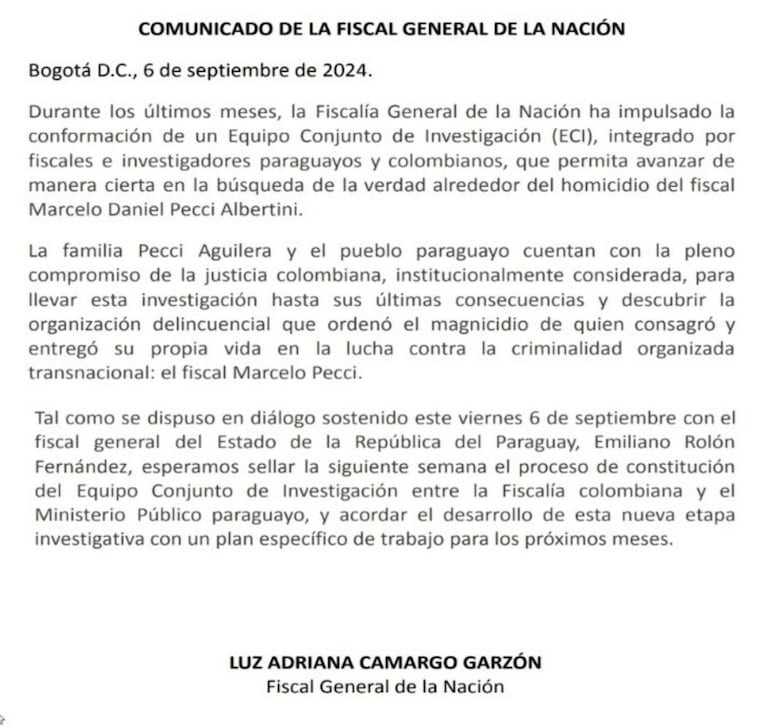 Carta de la fiscal general de Colombia, Adriana Camargo.