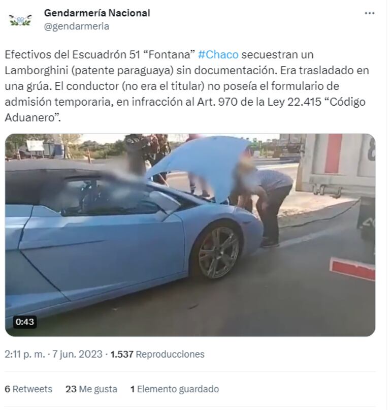 Tweet de Gendarmería Argentina sobre retención del Lamborghini de Alfredo Jaeggli.