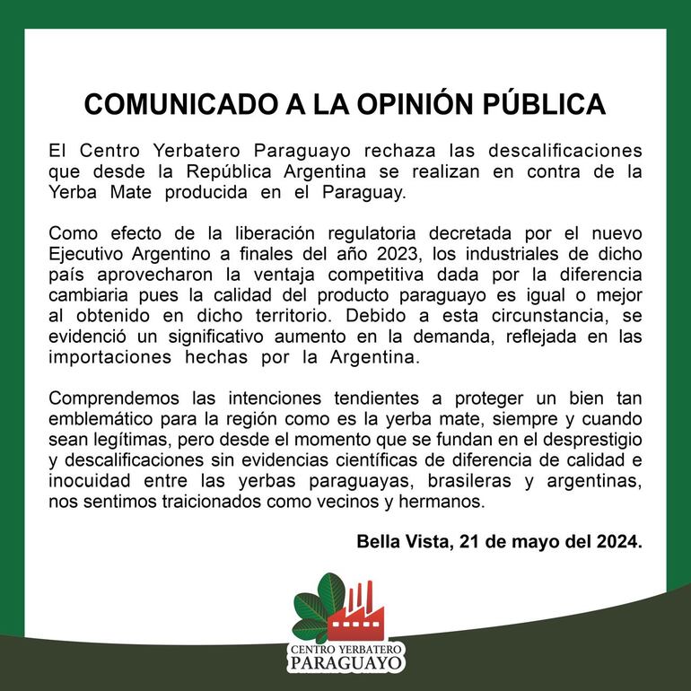 Comunicado del Centro Yerbatero Paraguayo (CYP).