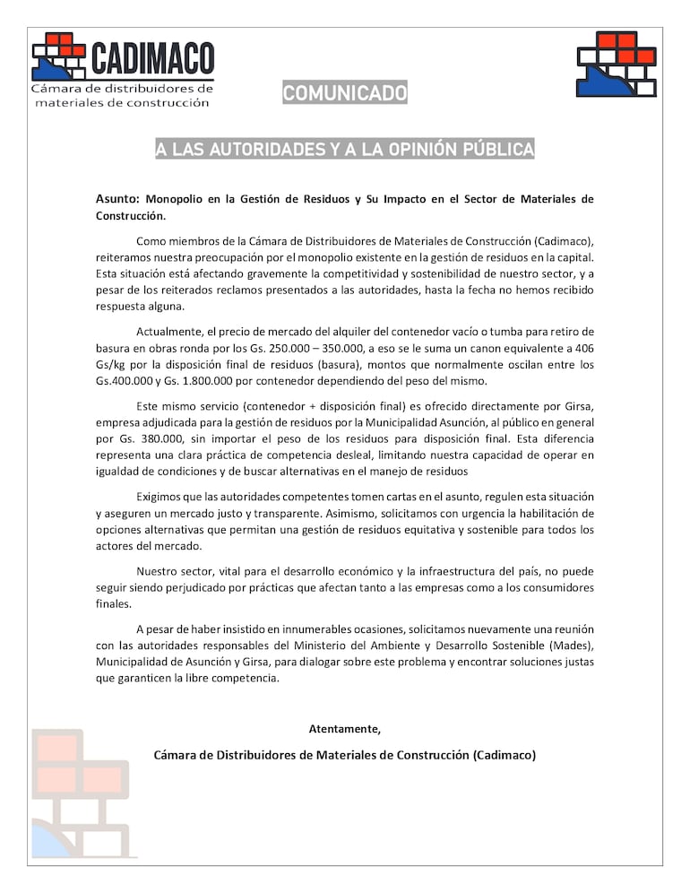 Comunicado de los distribuidores de materiales de construcción (Cadimaco) con respecto al monopolio de la recolección de escombros.