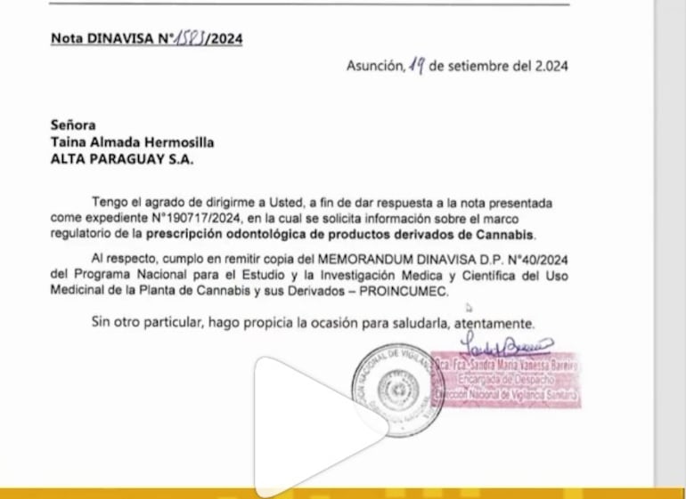 Nota Dinavisa por el que habilitan a odontólogos a prescribir productos derivados del Cannabis.