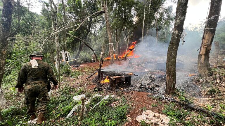 Los agentes antidrogas proceden a quemar los campamentos instalados en los alrededores de los cultivos.