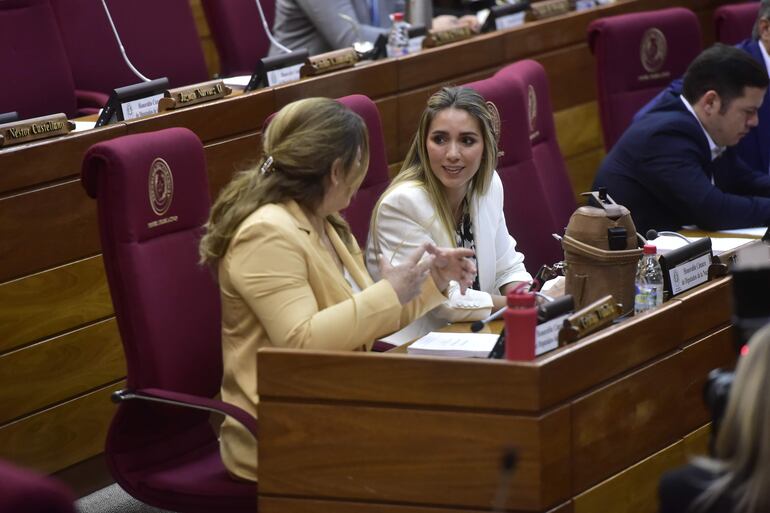 La diputada Fabiana Souto (der.) dialoga con su colega cartista Cristina Villalba durante la sesión de ayer. Hasta ahora no ha intervenido por proyectos, ni siquiera en este caso que afectaba a su departamento.