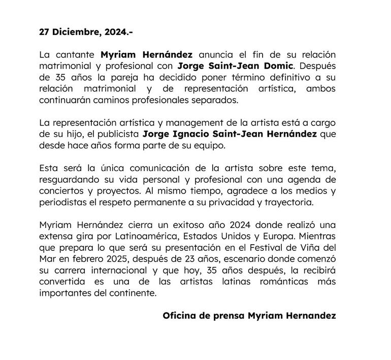 Comunicado de la cantante chilena Myriam Hernández donde anuncia su separación de Jorge Saint-Jean Domic. (Instagram/Myriam Hernández)