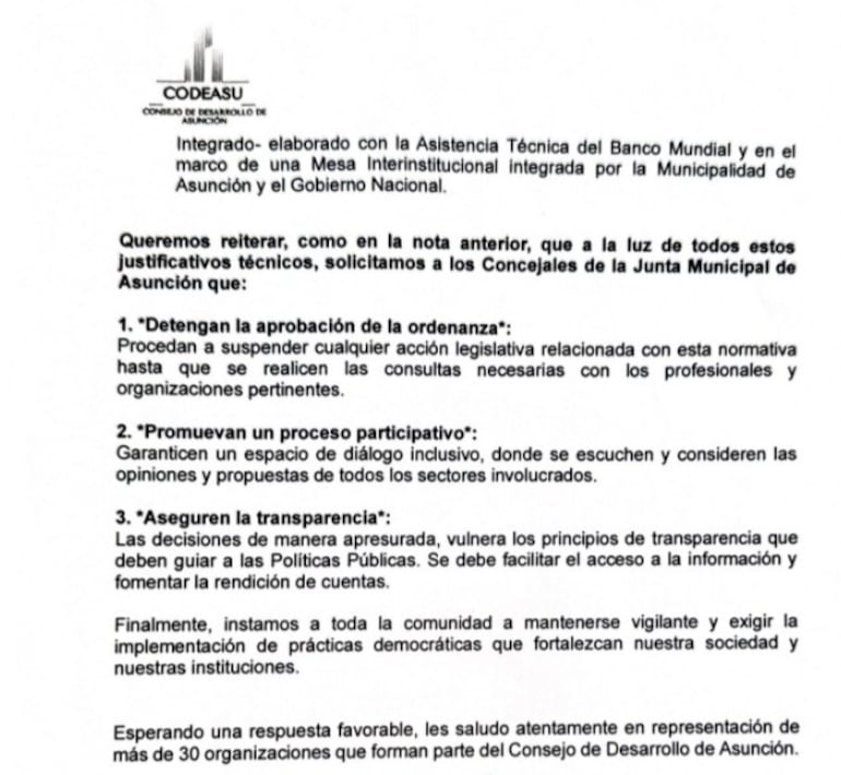 Captura del documento remitido por Codeasu a la Junta Municipal, con motivo de expresar su rechazo a la subasta de tierras de Costanera.