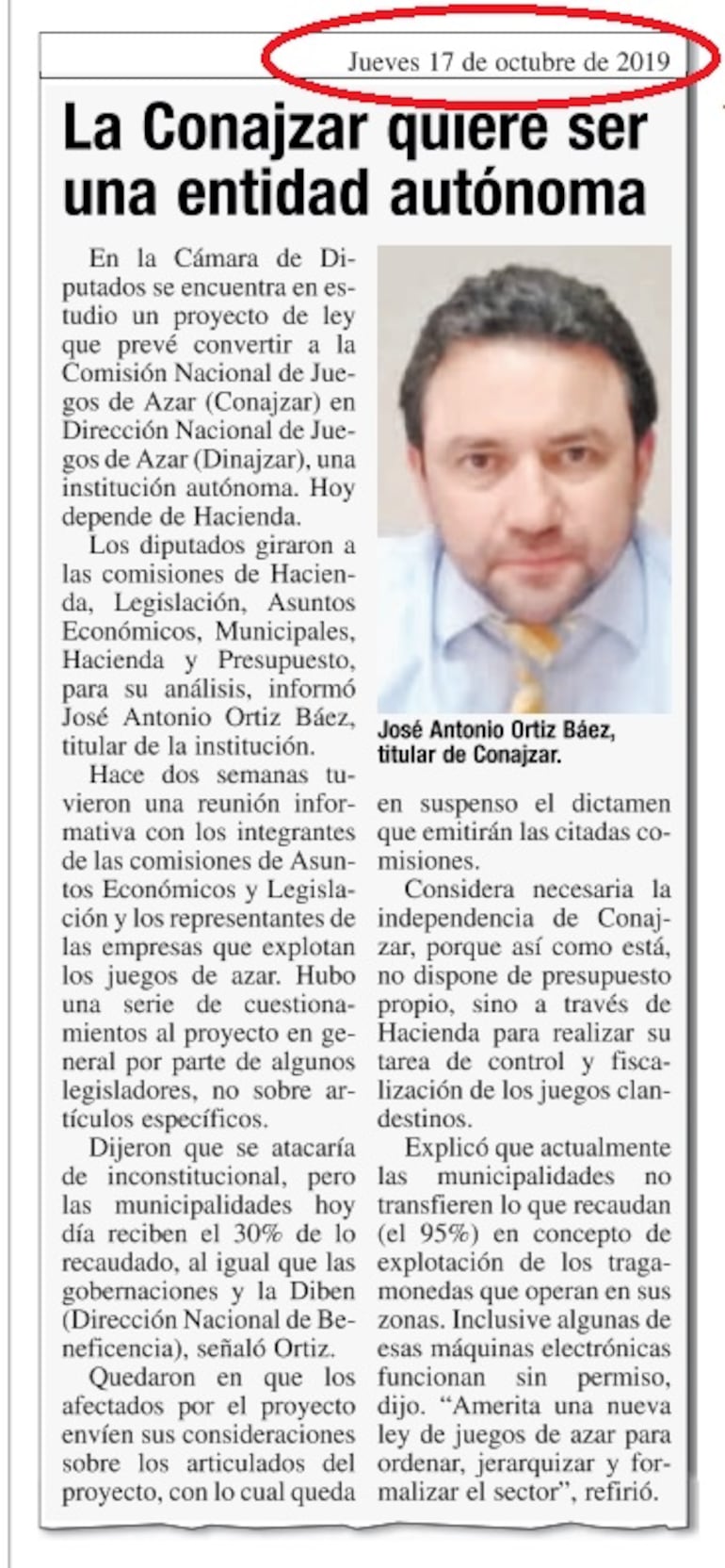 Publicación de ABC Color del 2019, ocasión que José Ortiz de Conajzar defiende su proyecto de ley.