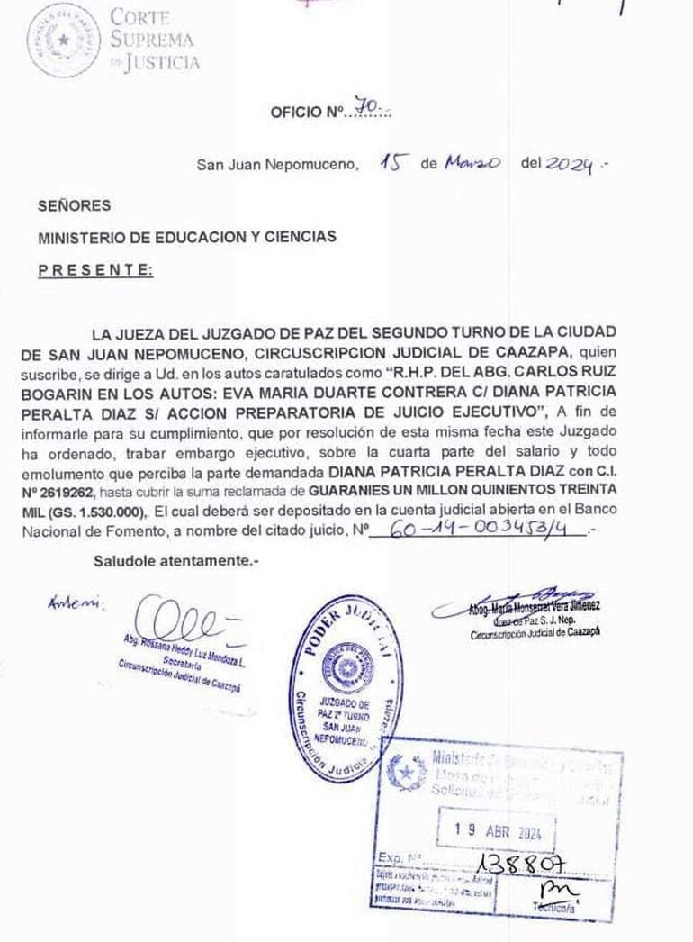 Uno de los tantos oficios judiciales enviados al MEC para el embargo del sueldo de los docentes.