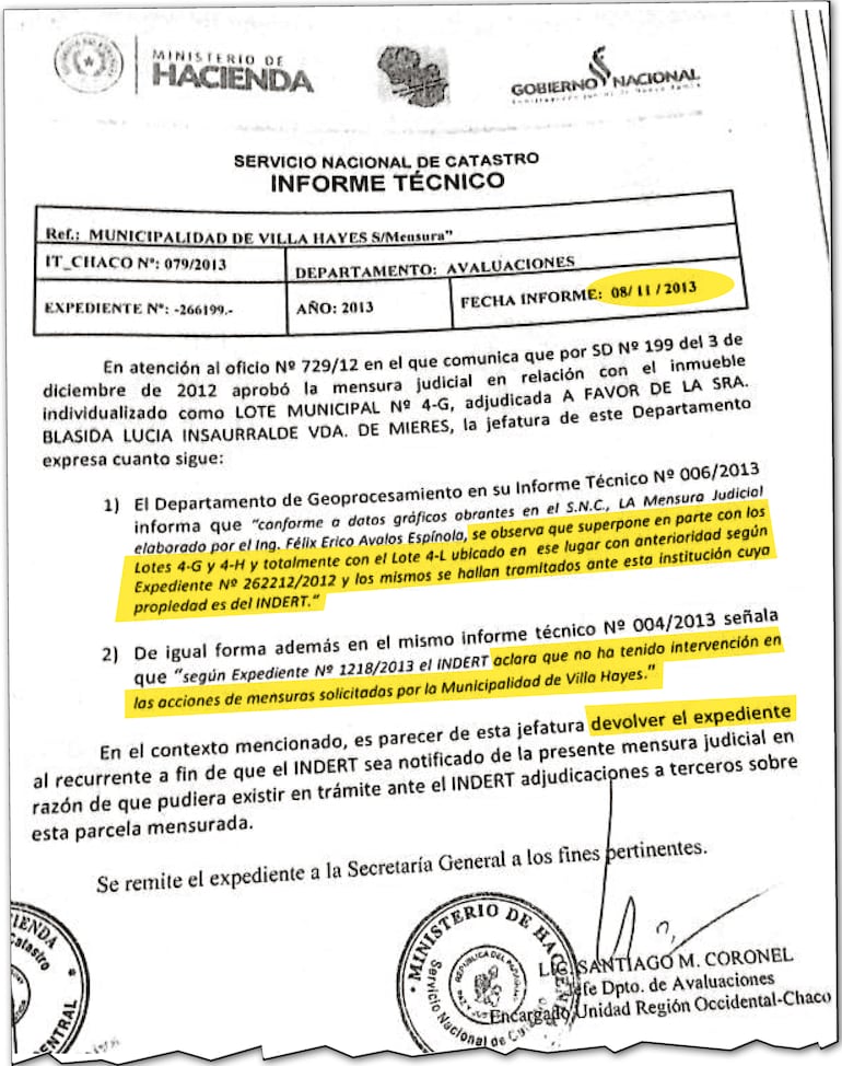 Informe técnico elaborado por el Departamento de Avaluaciones del SNC en el cual se dejó constancia de  anomalías.