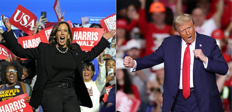 La vicepresidenta de los Estados Unidos y candidata presidencial demócrata, Kamala Harris (izq.) y el expresidente de los Estados Unidos y candidato presidencial republicano, Donald Trump (der.).