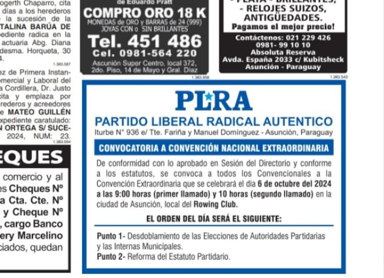 Convocatoria a Convención del PLRA impulsada por el movimiento Nuevo Liberalismo. La convocatoria no es reconocida por la presidencia del PLRA.