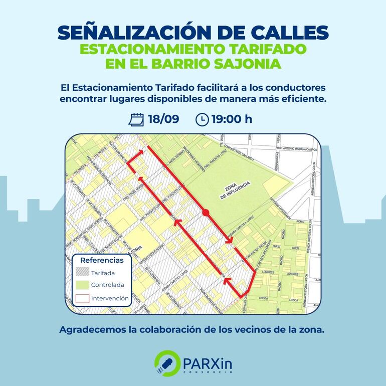 Parxin anuncia las calles donde comenzará a señalizar las calles donde aplicará el estacionamiento tarifado en Asunción. (Fuente Twitter)..