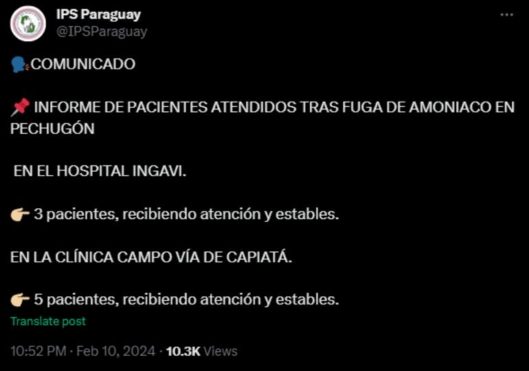 El IPS habla de ocho pacientes atendidos tras la fuga de amoníaco en Pechugón.