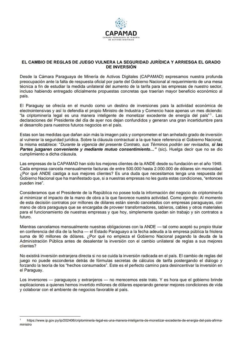 Comunicado a la opinión pública de la Cámara Paraguaya de Minería de Activos Digitales.