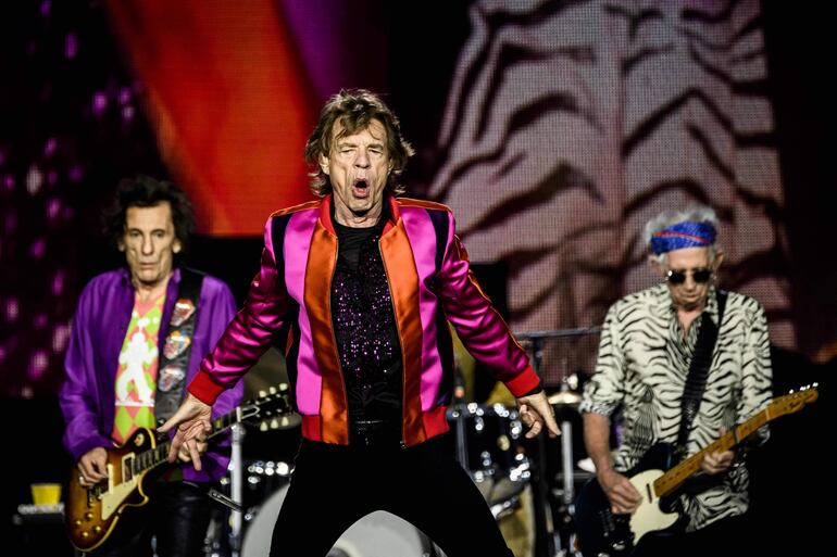 La banda británica de rock The Rolling Stones. El cantante Mick Jagger (C), y los guitarristas Keith Richards (R) y Ron Wood (L).