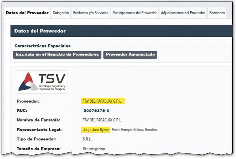 Según el portal de la DNCP,   Jorge Jure  es también representante de TSV del Paraguay SRL.