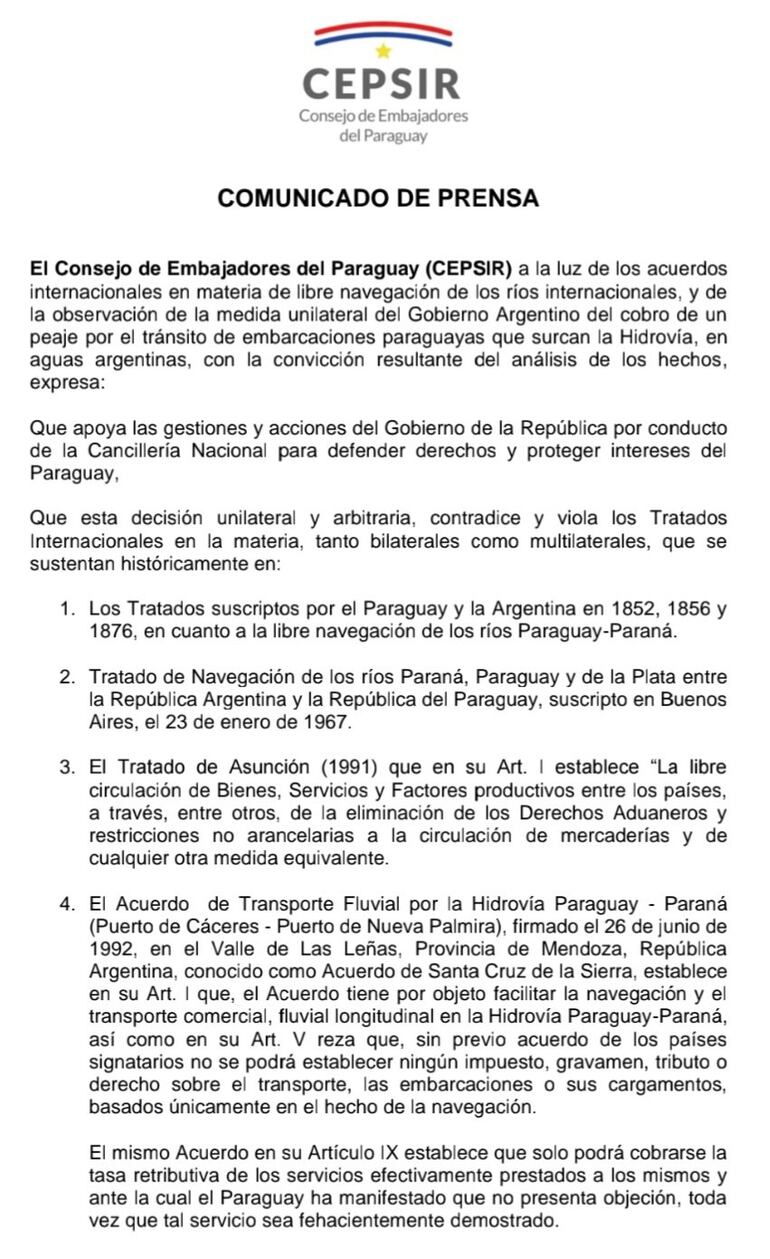 Parte inicial del comunicado del Consejo de Embajadores del Paraguay.