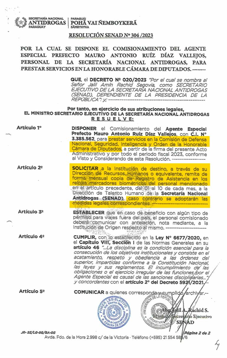 Resolución de Senad donde se exige el registro biométrico de asistencia de Mauro Ruiz Díaz.