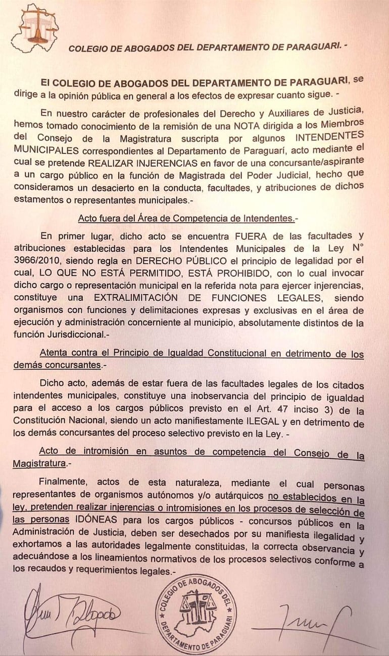 La postura del Colegio de Abogados de Paraguarí.