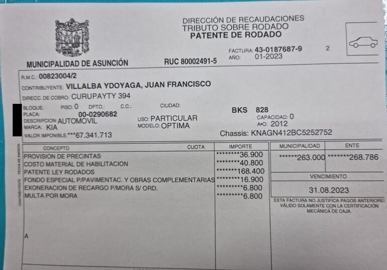 La habilitación vehicular de Juan Villalba, director de la Policía Municipal de Tránsito (PMT) aún no fue pagada al 4 de agosto del 2023. La patentes asuncenas vencieron en junio pasado.