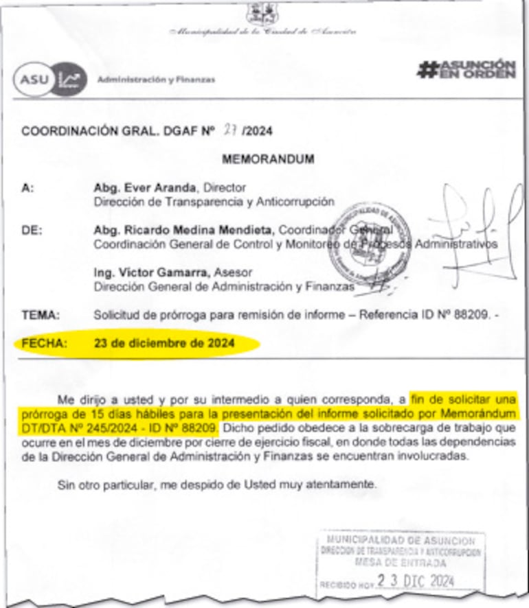 Memorándum por el cual se solicita una prórroga de 15 días a una reiteración de pedido de IP.