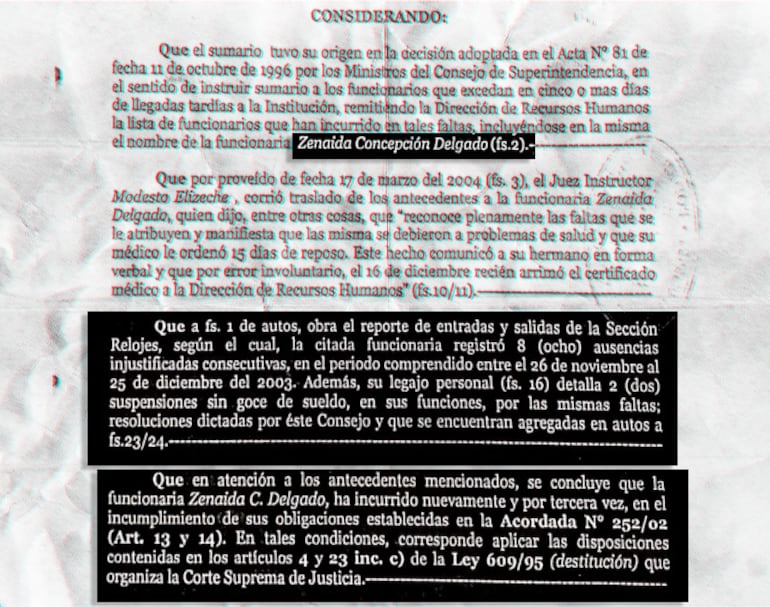 Parte del expediente de Zenaida Delgado. Fue destituida por acumular ausencias y sumarios.