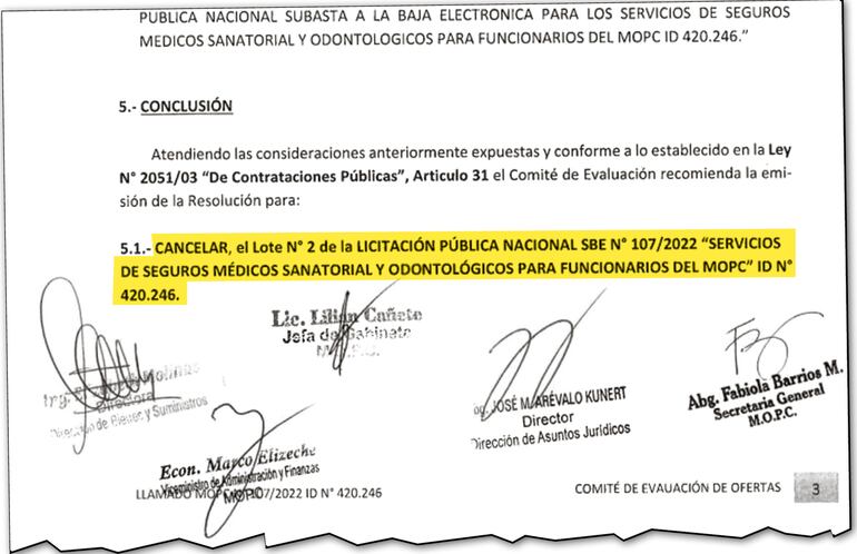 Dictamen por el cual se recomendó la cancelación del contrato anterior firmado en 2023, por un monto de G. 13.320 millones.