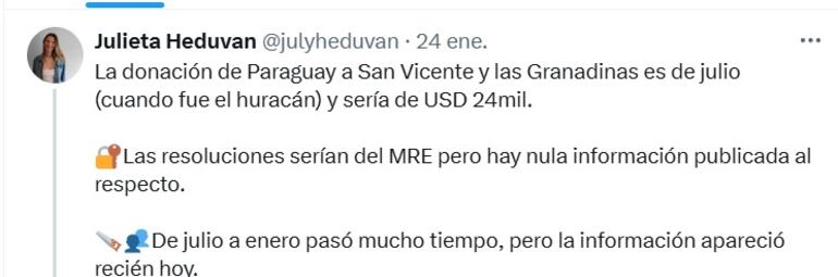 "La candidatura de Ramírez Lezcano a la OEA se anunció en junio y la donación fue en julio. Primera medida electoral", opinó Julieta Heduvan en X.