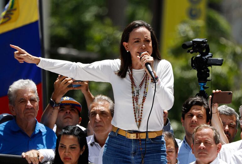 La líder opositora venezolana, María Corina Machado, hoy durante una manifestación en Caracas.