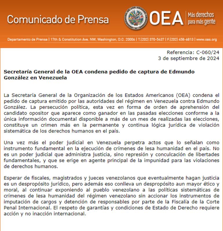 Comunicado de prensa de la Secretaría General de las OEA.