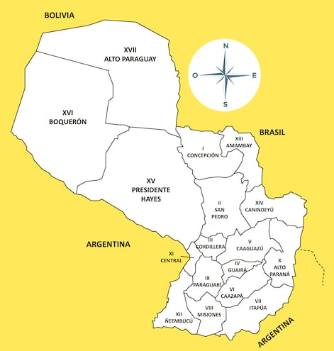 El mapa del Paraguay, con sus 17 departamentos y sus límites con los países vecinos