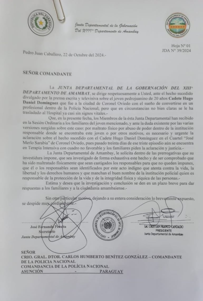 Nota remitida por la Junta Departamental de Amambay al Comandante de la Policía Nacional.