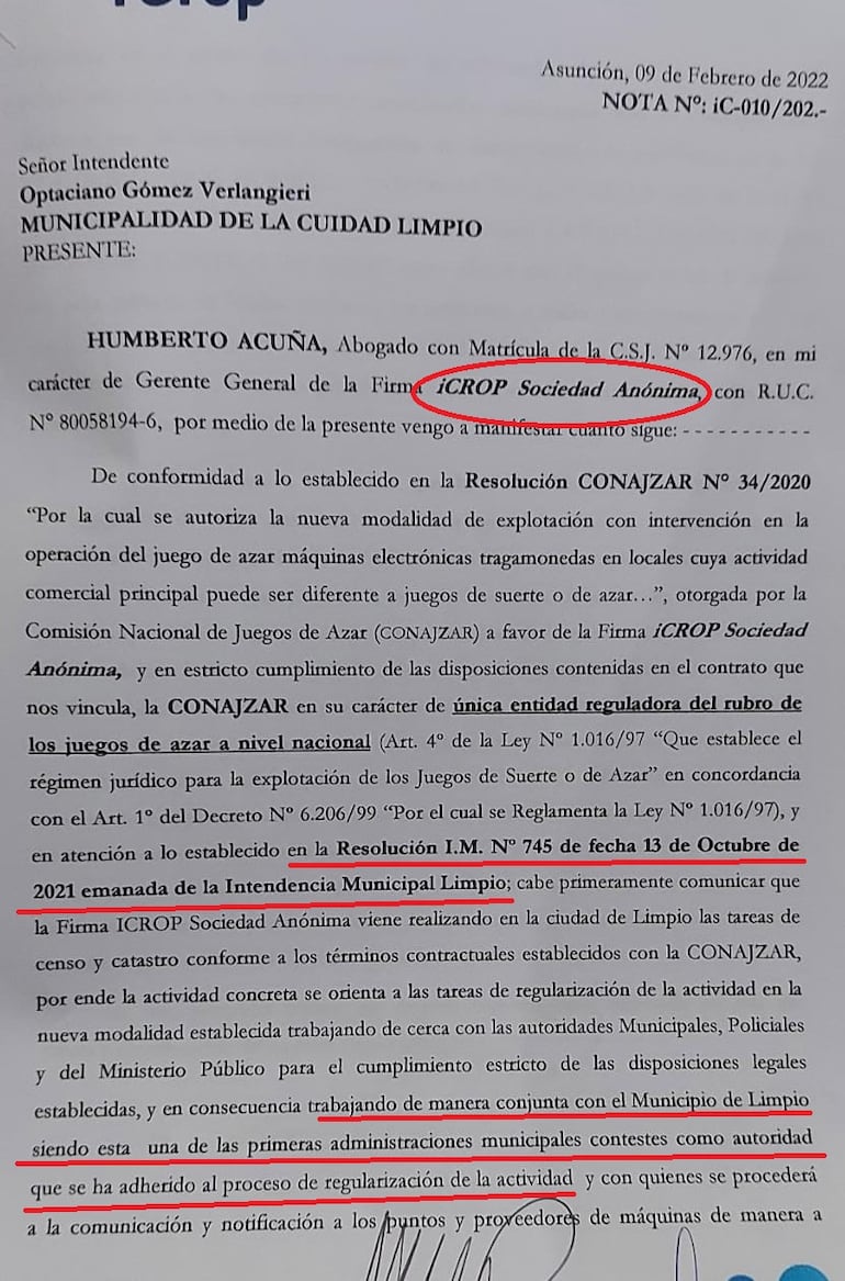 Fotografía de la primera página del informe que iCrop SA entrega a los explotadores de tragamonedas en la ciudad de Limpio. Advierte que es una decisión municipal, mediante Resolución N° 745 (documento que no proporciona la Municipalidad de Limpio).