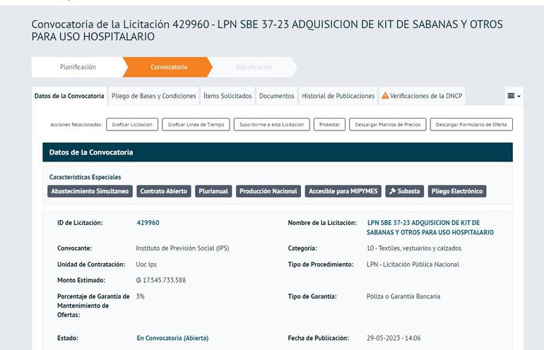 Captura del llamado a licitación del IPS para la compra de sábanas y frazadas por más de G. 17.545 millones.