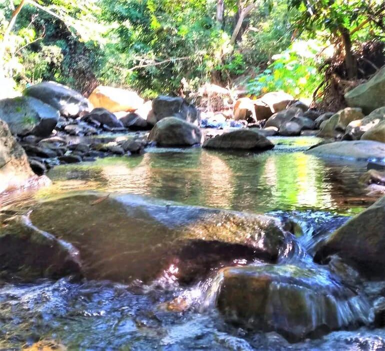 Aguas cristalinas que corren entre rocas al pie del cerro Acahay.