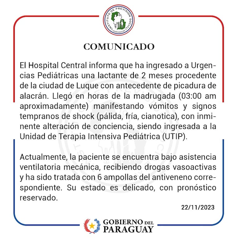 Comunicado del IPS sobre niñas de dos meses que fue picada por un alacrán e internada en el hospital central.