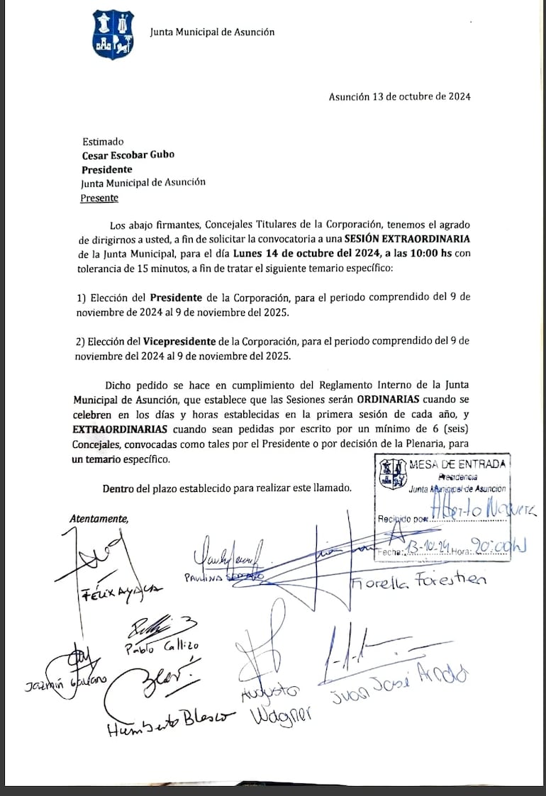 Pedido de sesión extraordinaria para elección de la mesa directiva de la Junta Municipal de a Sunción.