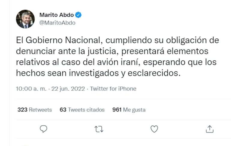 Mario Abdo Benítez anuncia denuncia formal sobre caso avión iraní ante Ministerio Público.