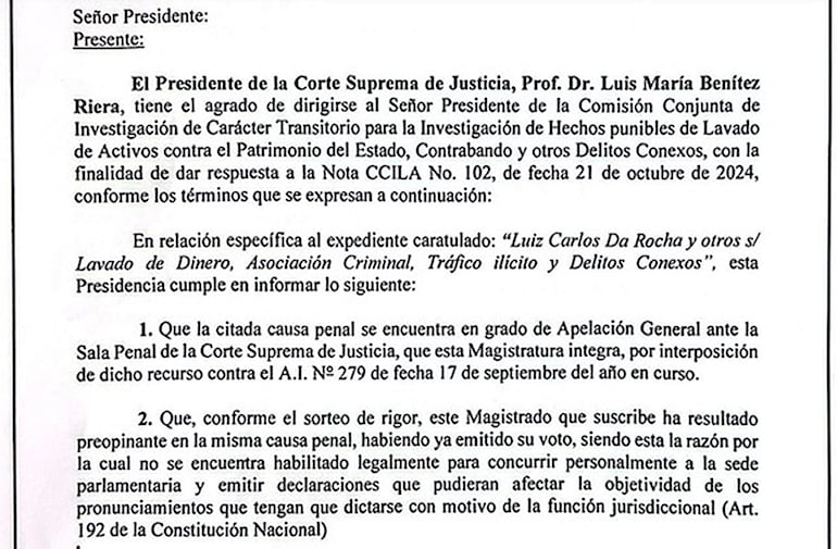 Parte de la respuesta del ministro Benítez Riera, sobre el motivo por el cual no compareció a la convocatorio de la comisión garrote.