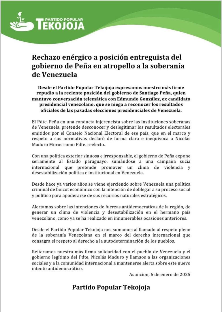 Comunicado de Tekojoja sobre el caso Paraguay-Venezuela.