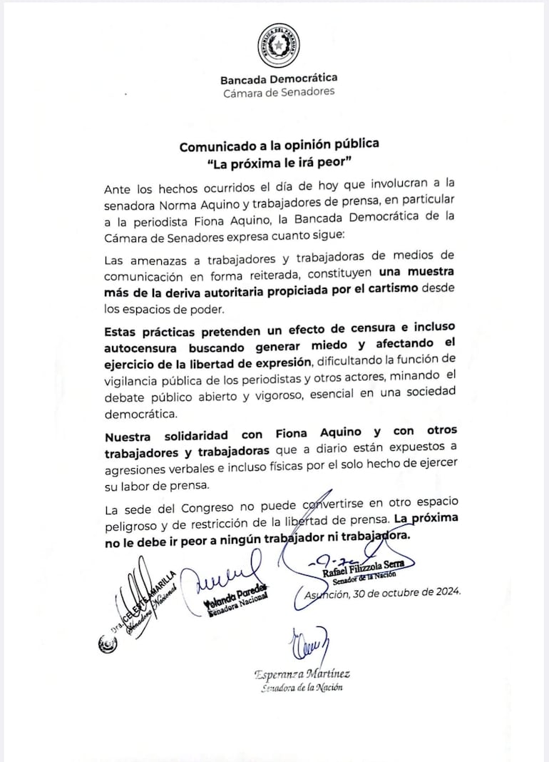 Comunicado de la bancada Democrática de la Cámara de Senadores.