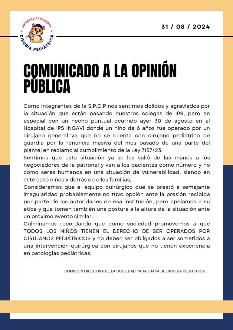 El comunicado expresa el repudio hacia las acciones que se están desarrollando en IPS.