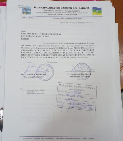 Por resolución 84/2024 el intendente Germán Gneiting Rodríguez había vetado el rechazo a su ejecución presupuestaria 2023.