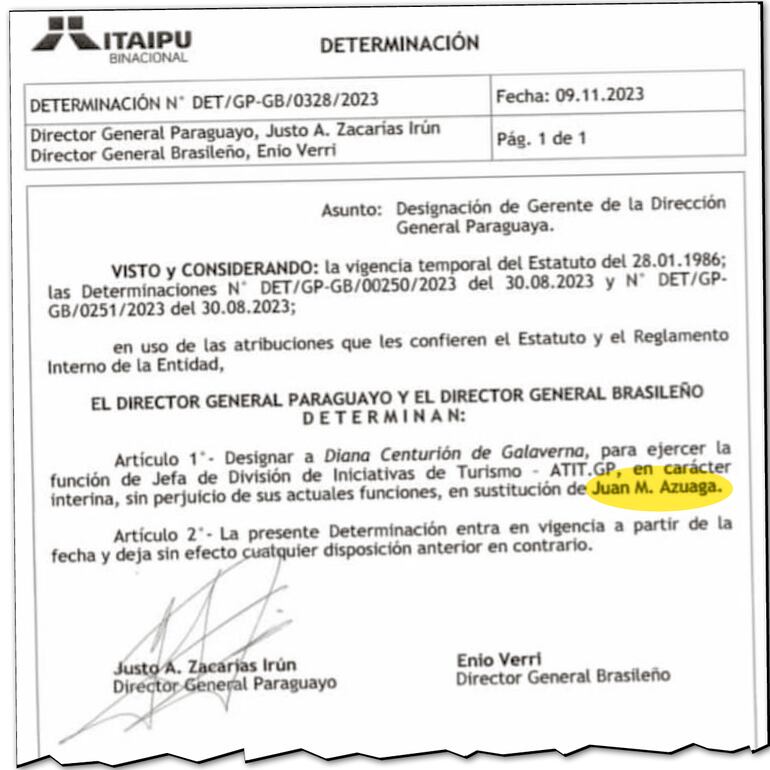 El documento por el cual cambian a Juan Azuaga por la esposa de "Nano" Galaverna.