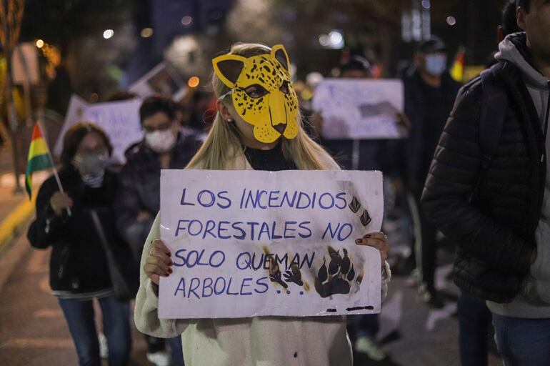 Una mujer sostiene un cartel en una marcha contra de los incendios forestales este miércoles, en La Paz (Bolivia). Centenares de artistas y activistas se movilizaron contra los incendios que han arrasado cerca de cuatro millones de hectáreas de bosques y pastizales, y para exigir la anulación de las llamadas 'leyes incendiarias' que permiten las quemas controladas para los agronegocios.