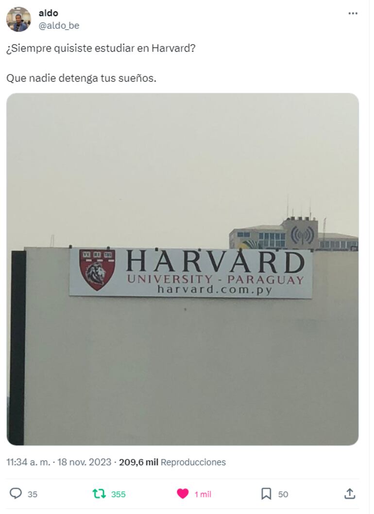 Tweet de Aldo Benítez en el que ironizó sobre la posibilidad de estudiar en Harvard pero en Paraguay.