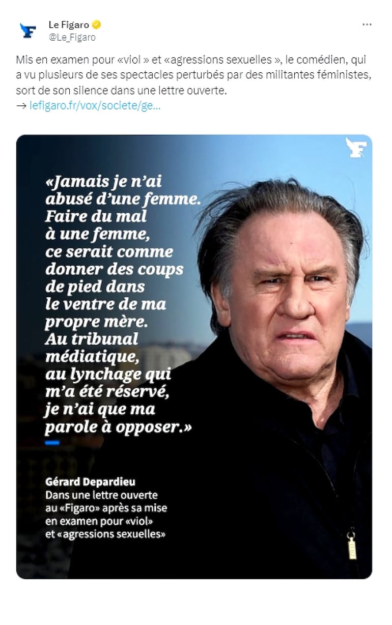 “Le Figaro” publicó el pasado 1 de octubre una carta abierta de Gérard Depardieu donde el actor afirma su inocencia y asegura que es víctima de un "linchamiento"