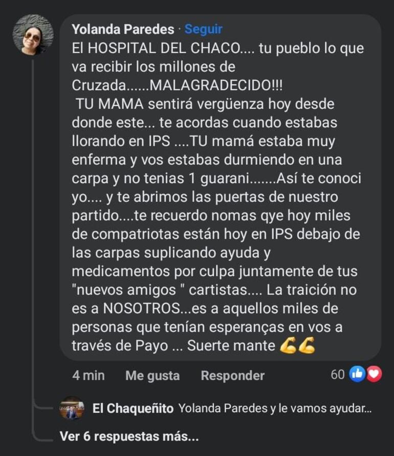 Respuesta de la senadora Yolanda Paredes en facebook a Chaqueñito en el que explica que el dinero del subsidio electoral será utilizado para un Hospital en Pozo Colorado.